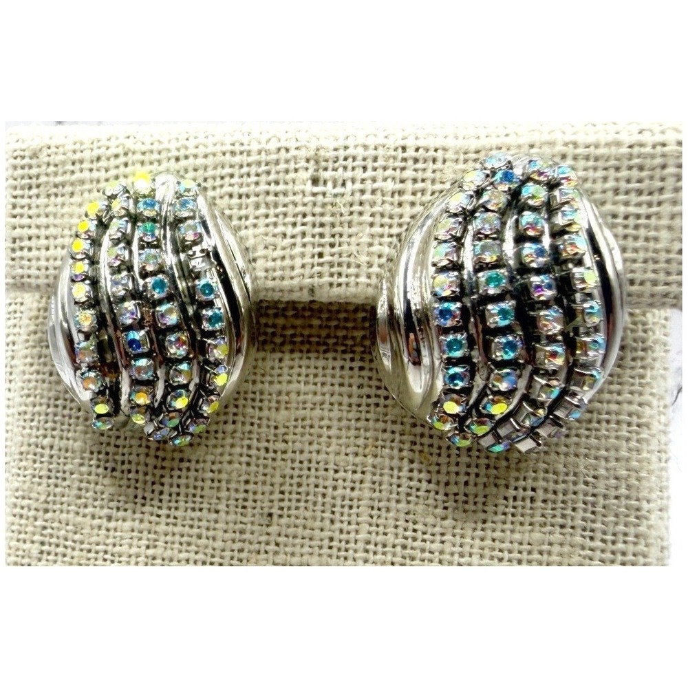 Silver AB Rhinestone Clip On Earrings Swirl Design New Unworn VIDEO sparkles
